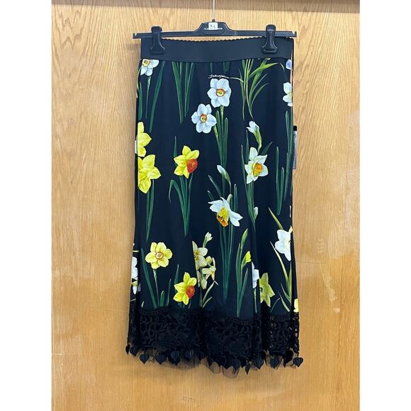 DOLCE & GABBANA Black Daffodil-print Cady Midi Skirt  IT 40 US S - Picture 8 of 9